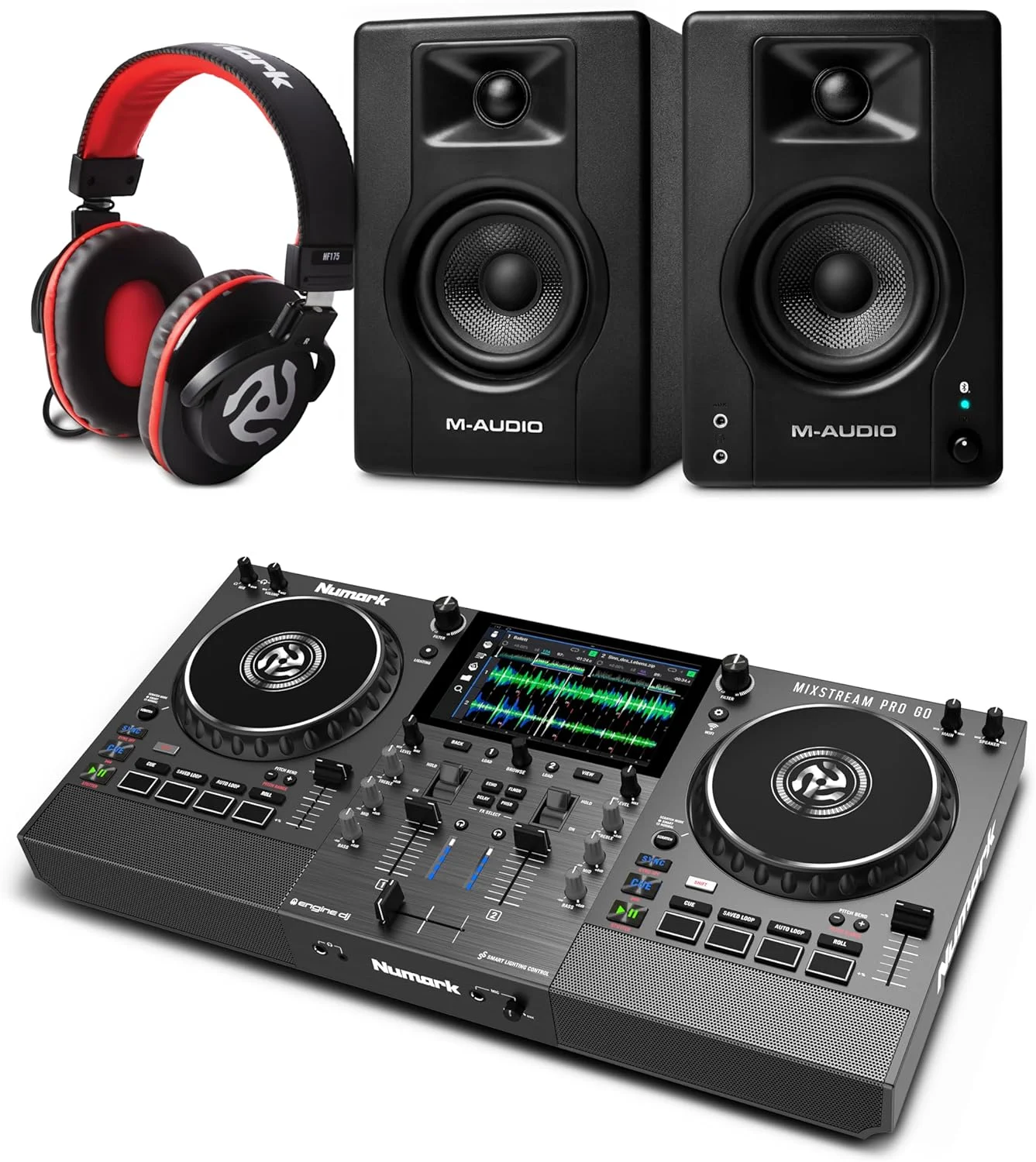 کنترلر دی‌جی نومارک Mixstream Pro Go به همراه مانیتورهای استودیویی بلوتوثی M-AUDIO BX4 و هدفون برای ضبط استودیو، تولید موسیقی، پادکست و استریم