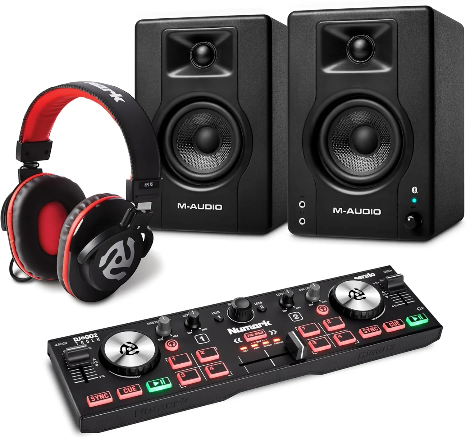 کنترلر دی‌جی Numark DJ2GO2 Touch به همراه مانیتورهای استودیویی بلوتوثی M-AUDIO BX4 و هدفون برای ضبط استودیویی، تولید موسیقی، پادکست و استریم