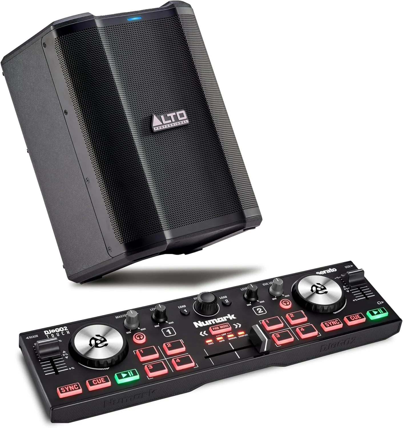 کنترلر دی‌جی Numark DJ2GO2 Touch و اسپیکر PA اکتیو ALTO BUSKER برای اجرای زنده، دی‌جی ست، رویدادها و تولید موسیقی
