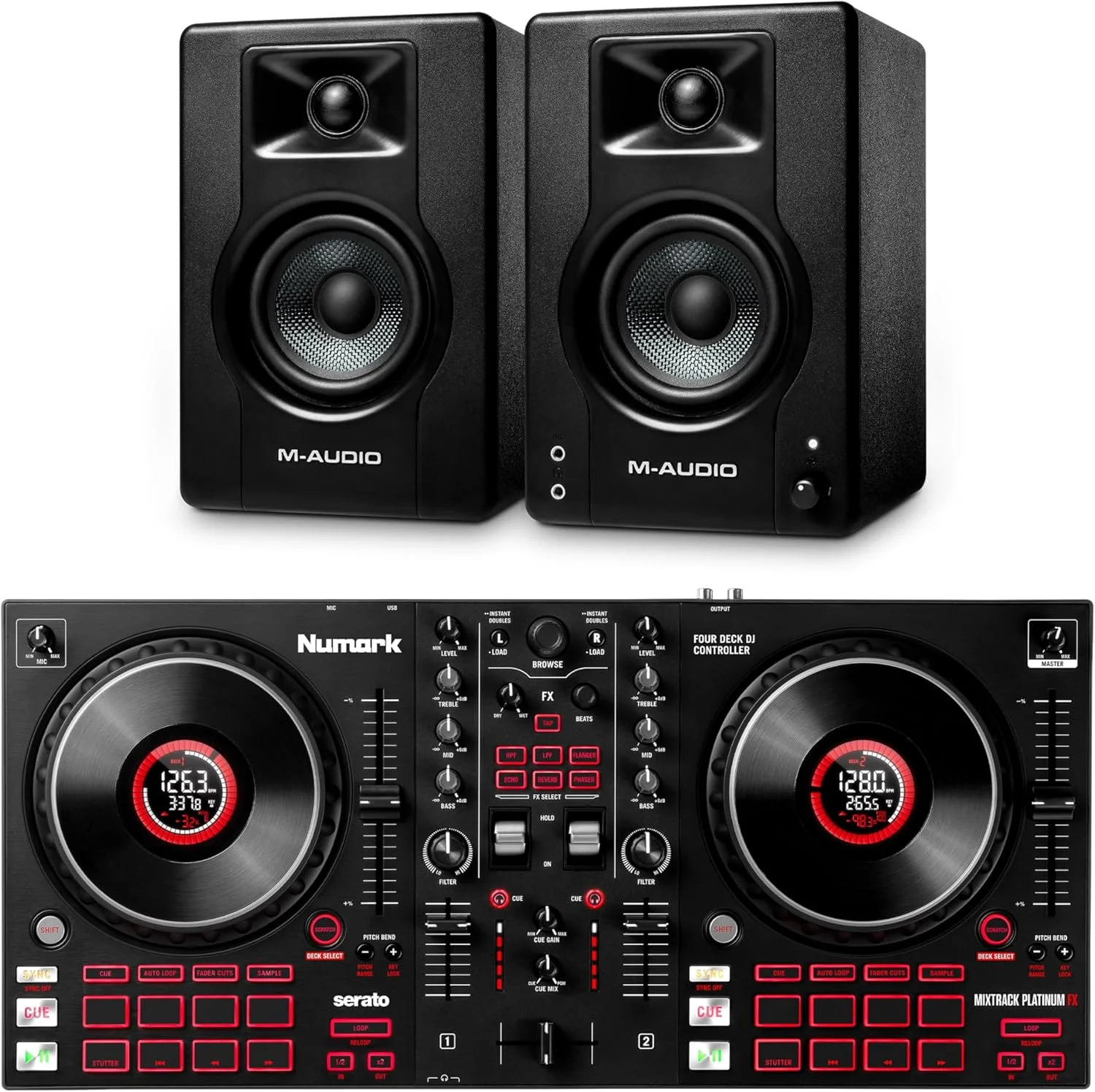میکسر دی‌جی نومارک Mixtrack Platinum FX و مانیتورهای استودیویی M-AUDIO BX3 برای ضبط استودیو، تولید موسیقی، پادکست و استریم