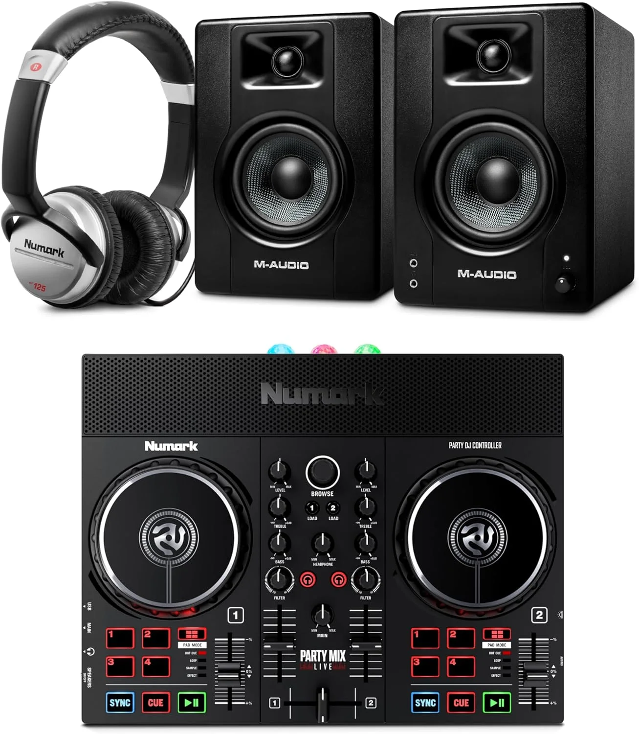 مجموعه کنترلر دی‌جی Numark Party Mix Live و مانیتورهای استودیویی M-AUDIO BX3 به همراه هدفون برای ضبط استودیویی، تولید موسیقی، پادکست و استریم