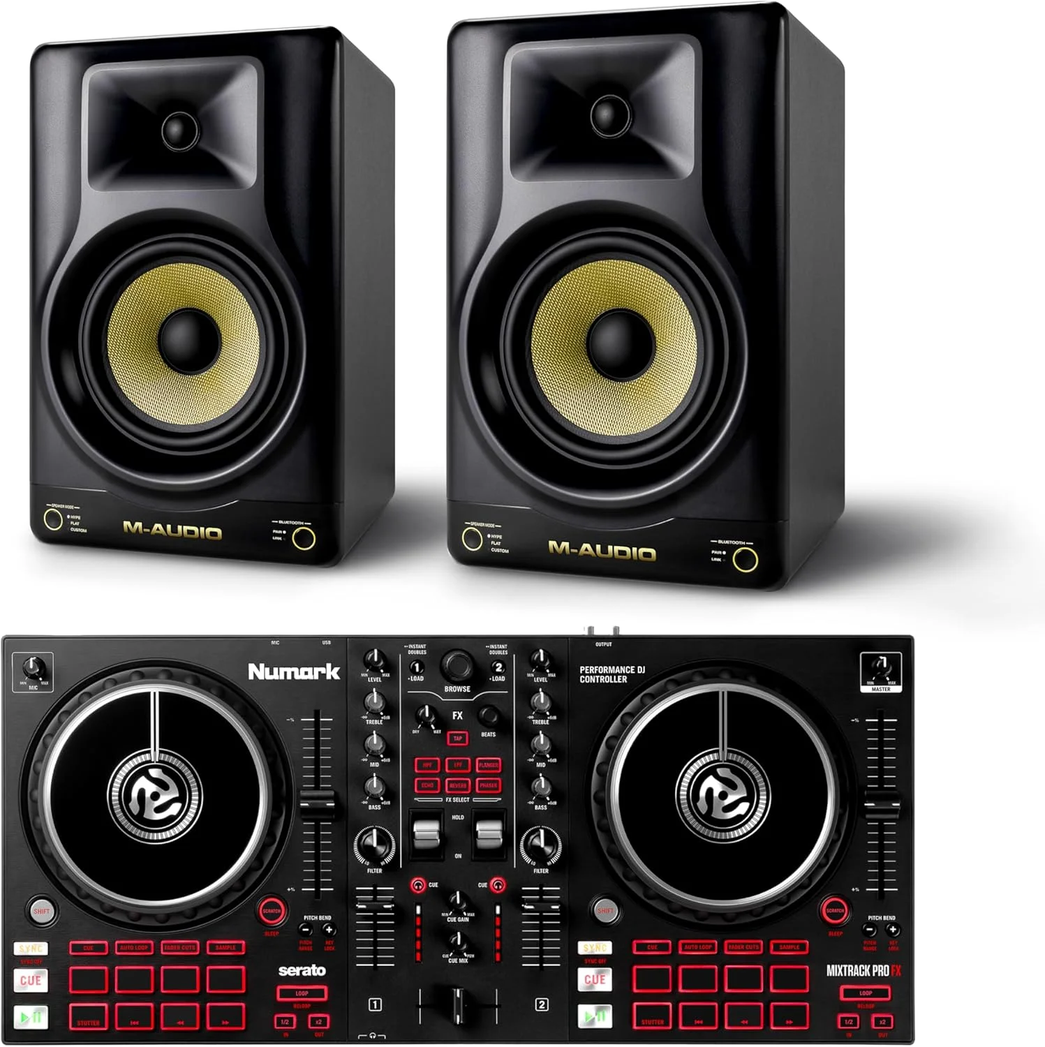 میکسر دی‌جی Numark Mixtrack Pro FX و مانیتورهای استودیویی M-AUDIO Forty Eighty مناسب برای ضبط استودیو، تولید موسیقی، پادکست و استریم