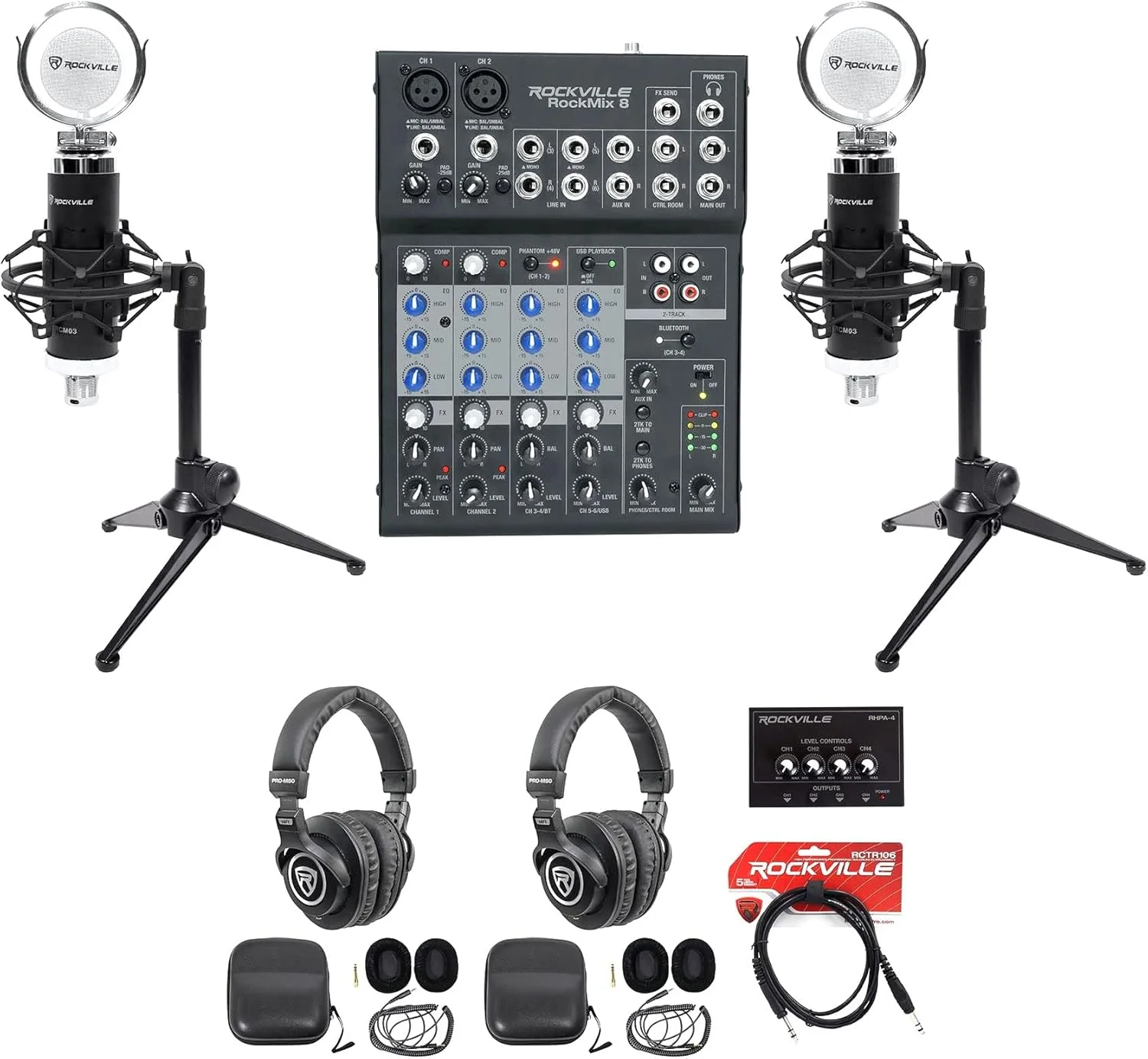 بسته ضبط پادکست دو نفره Rockville به همراه میکروفون، میکسر و هدفون بسته ضبط پادکست دو نفره Rockville به همراه میکروفون، میکسر و هدفون