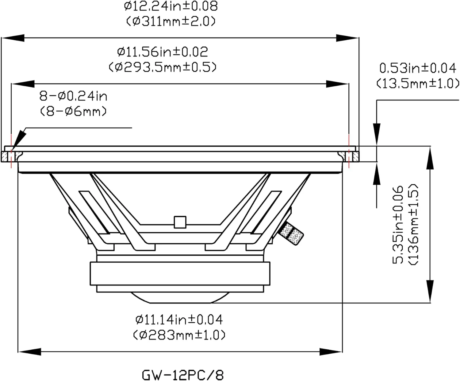 دو عدد ووفر ۱۲ اینچی گلدوود ساند مدل GW-12PC-8 با مقاومت ۸ اهم و توان ۴۵۰ وات