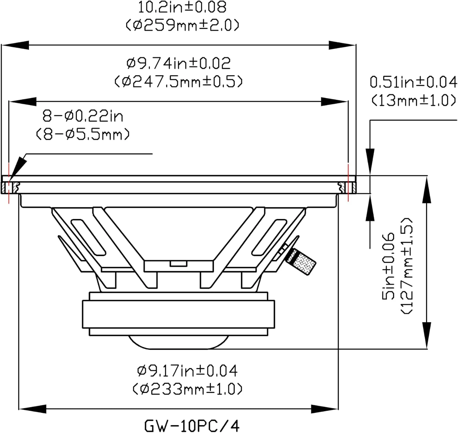 ساب ووفر استودیویی گلدوود ساند، ووفر ۱۰ اینچی ۴ اهم با قدرت ۴۰۰ وات، مجموعه ۲ عددی