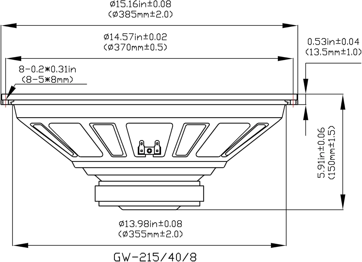بلندگوی ساب ووفر استیج گلدوود ساند، ووفر 15 اینچی OEM، 300 وات، 8 اهم، مجموعه 2 عددی جایگزین (GW-215/40/8-2)