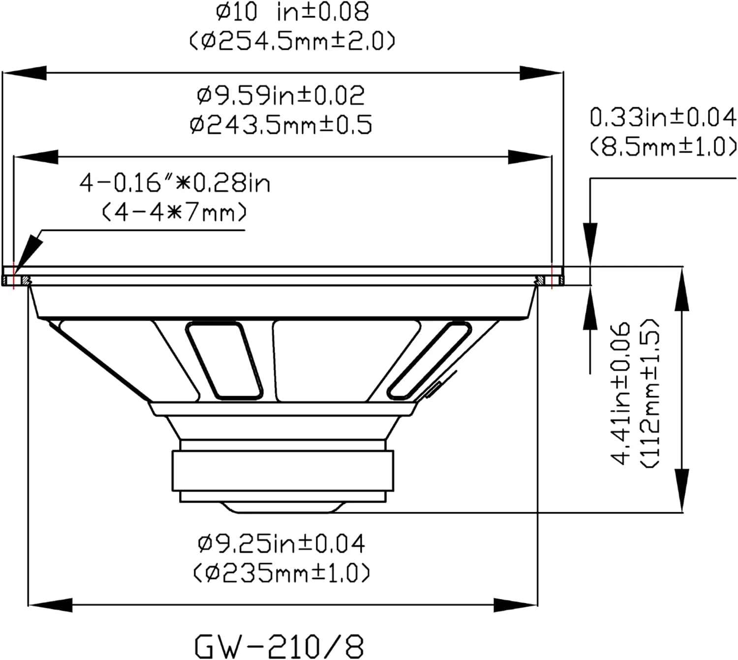 بلندگو ساب ووفر استیج گلدوود ساند، ووفر های OEM 10 اینچی 220 وات، 8 اهم، مجموعه 4 عددی (GW-210/8-4)