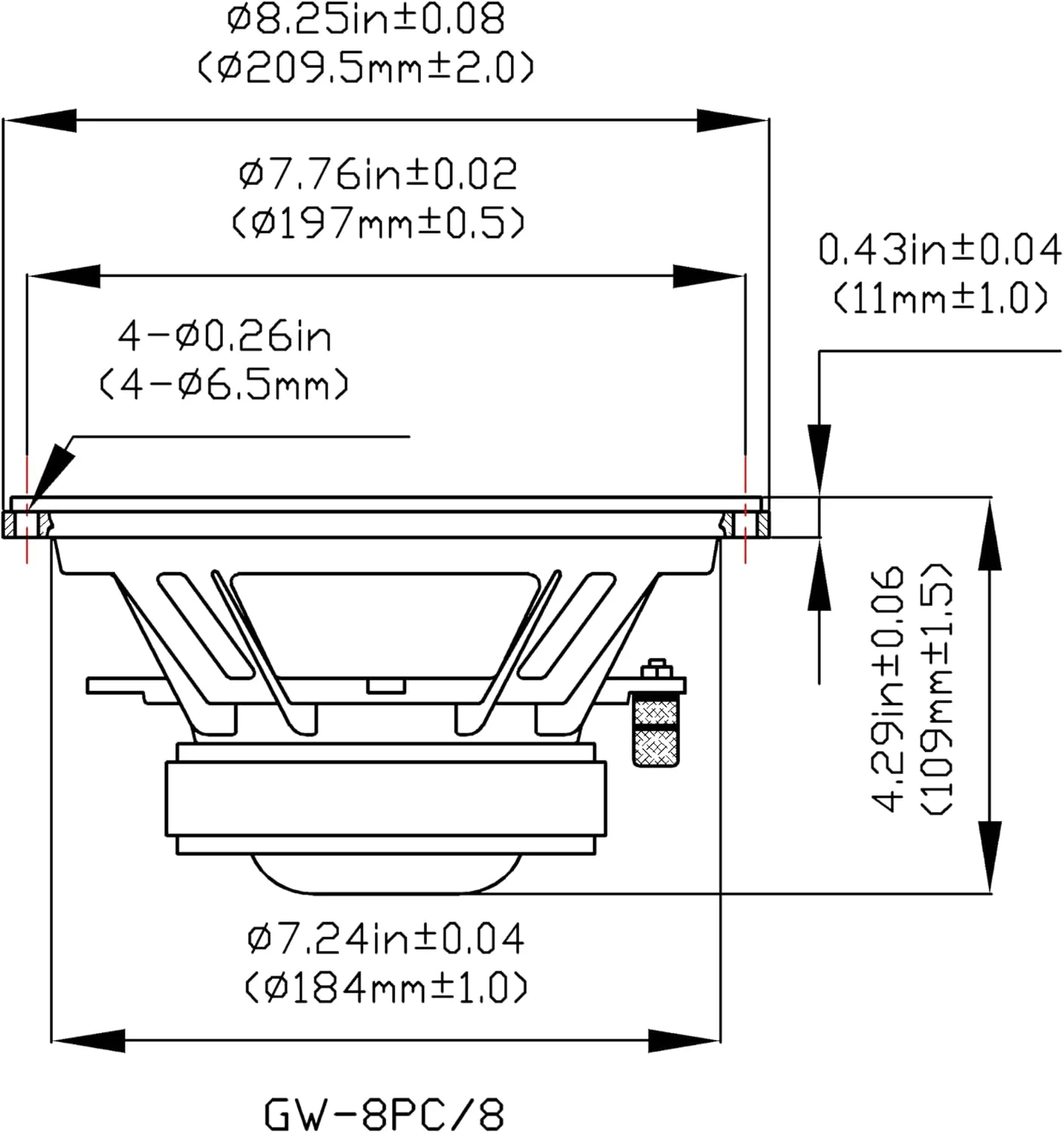 بلندگوی ووفر ۸ اینچی گلدوود مدل GW-8PC-8 با مقاومت ۸ اهم و توان ۳۳۰ وات، بلندگوی جایگزین، مشکی