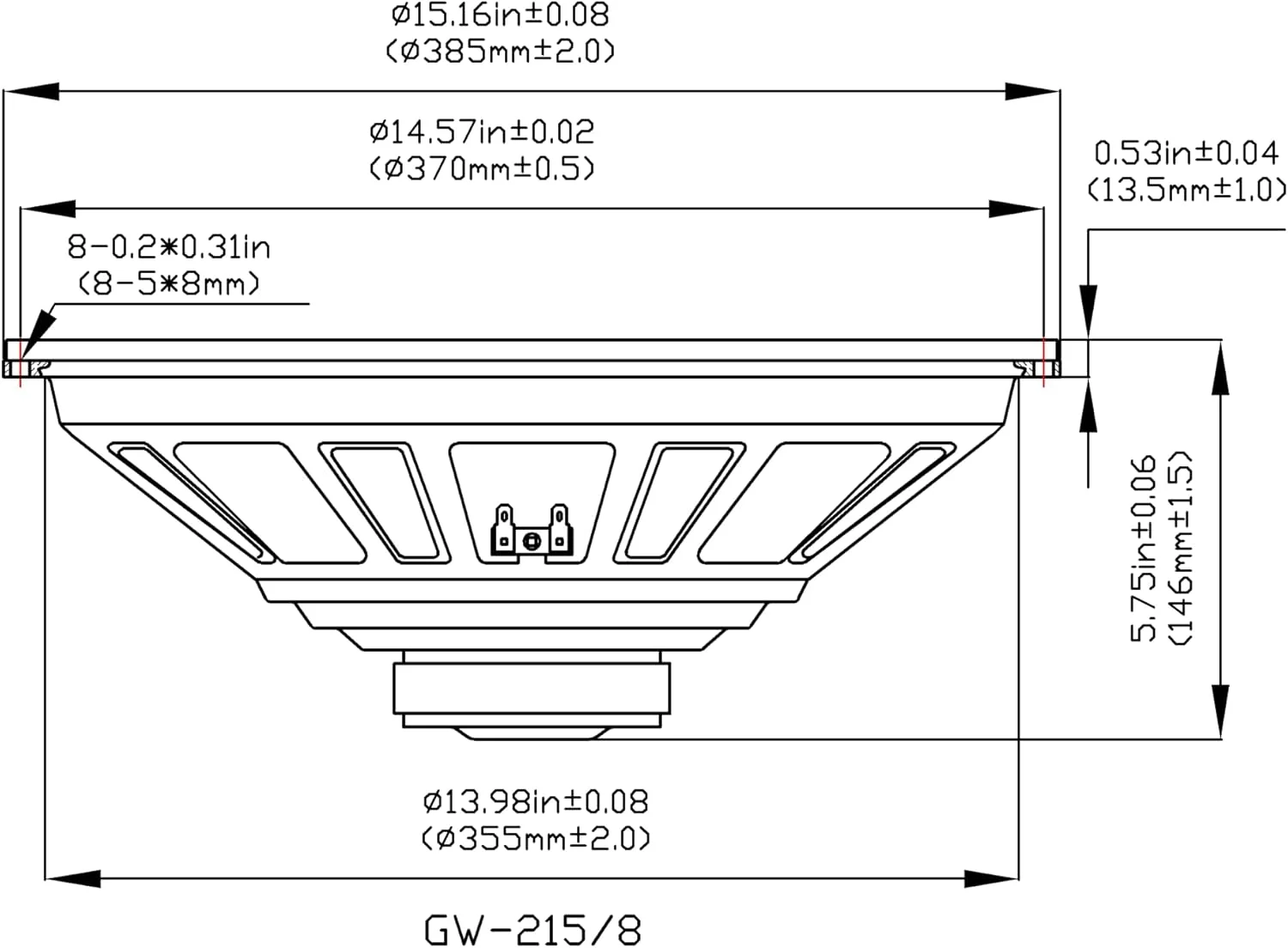 ووفر ۱۵ اینچی گلدوود ساند مدل GW-215/8 OEM، ۲۵۰ وات، ۸ اهم، بلندگوی جایگزین