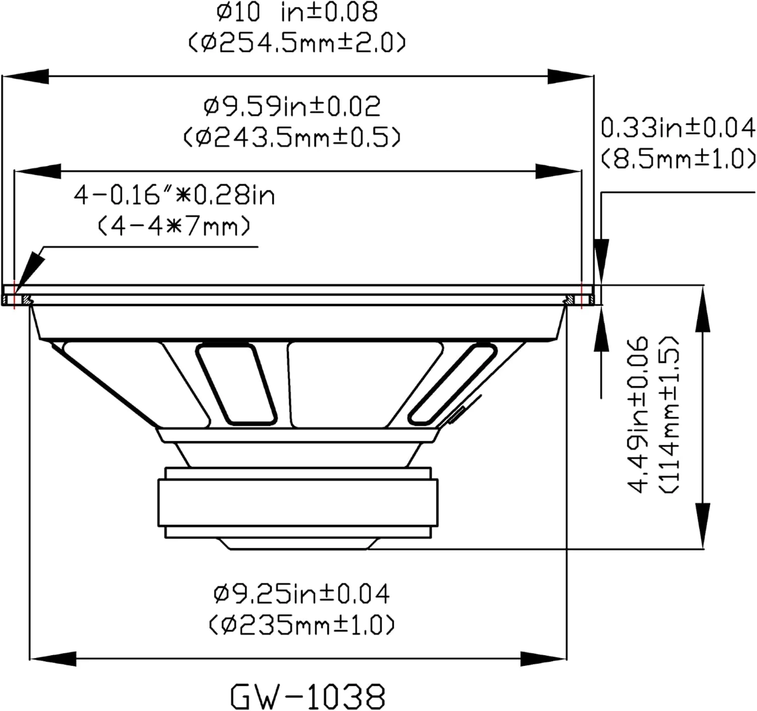 ووفر ۱۰ اینچی گلدوود مدل GW-1038 با حاشیه لاستیکی، ۲۵۰ وات ۸ اهم، بلندگوی جایگزین