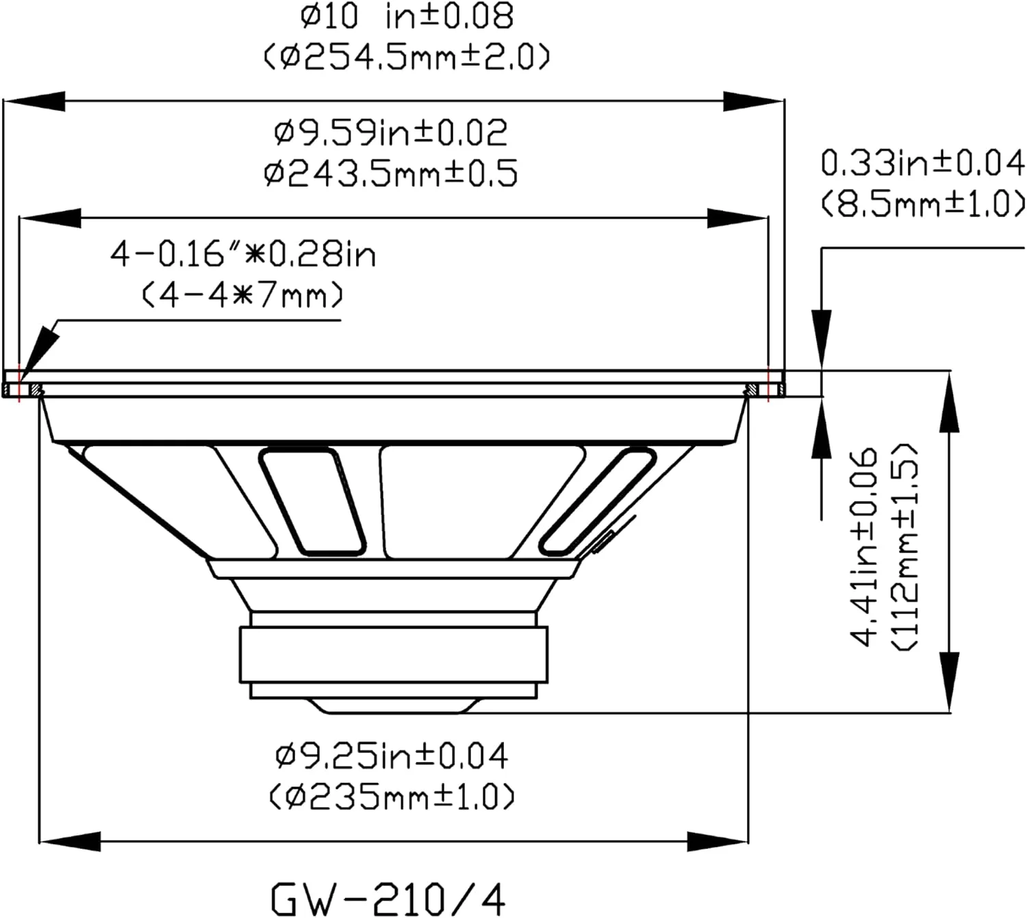 ووفر ۱۰ اینچی گلدوود ساند مدل GW-210/4 OEM، بلندگوی جایگزین ۲۲۰ وات ۴ اهم، مشکی