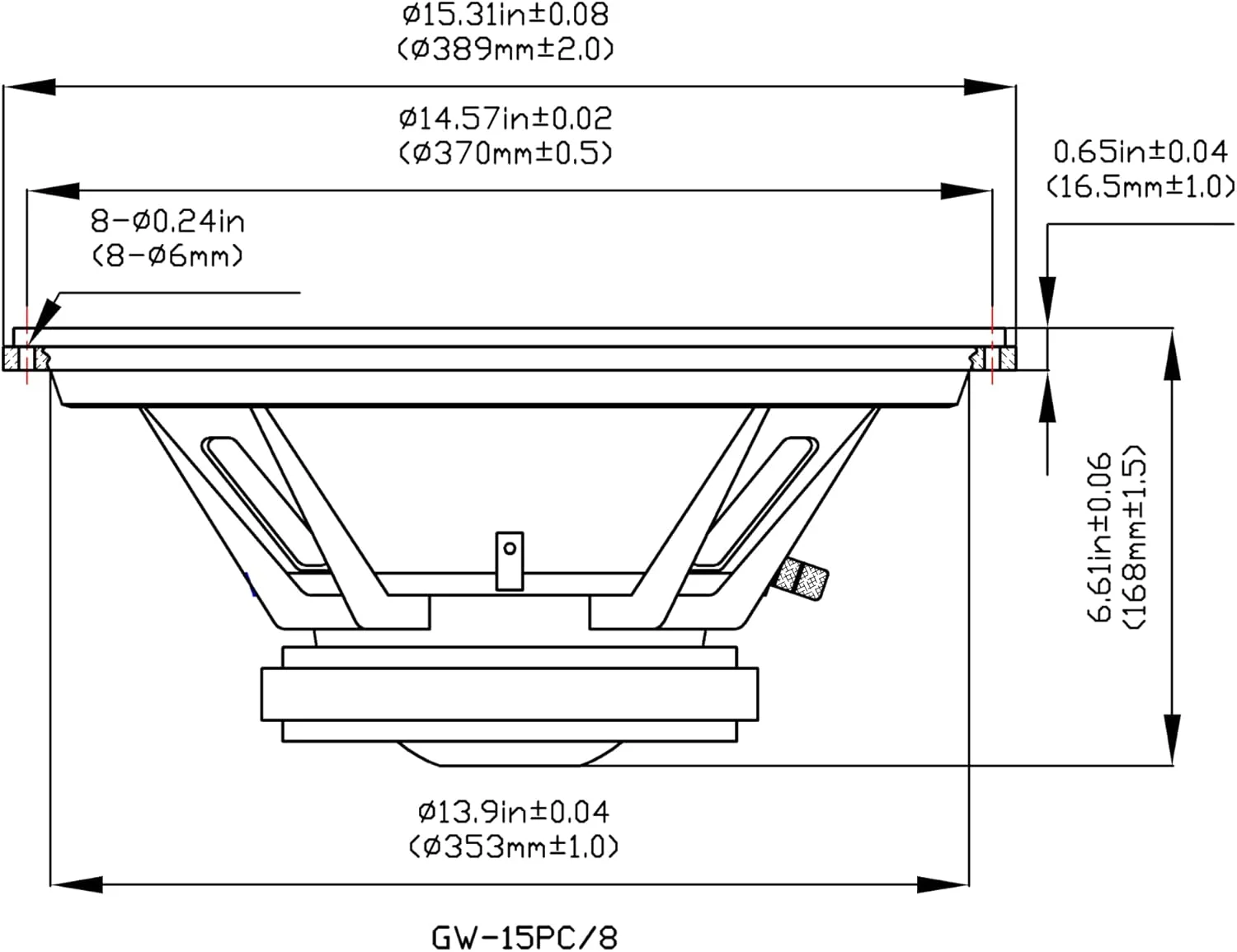 بلندگوی ووفر ۱۵ اینچی گلدوود مدل GW-15PC-8 با مقاومت ۸ اهم و توان ۵۵۰ وات، رنگ مشکی