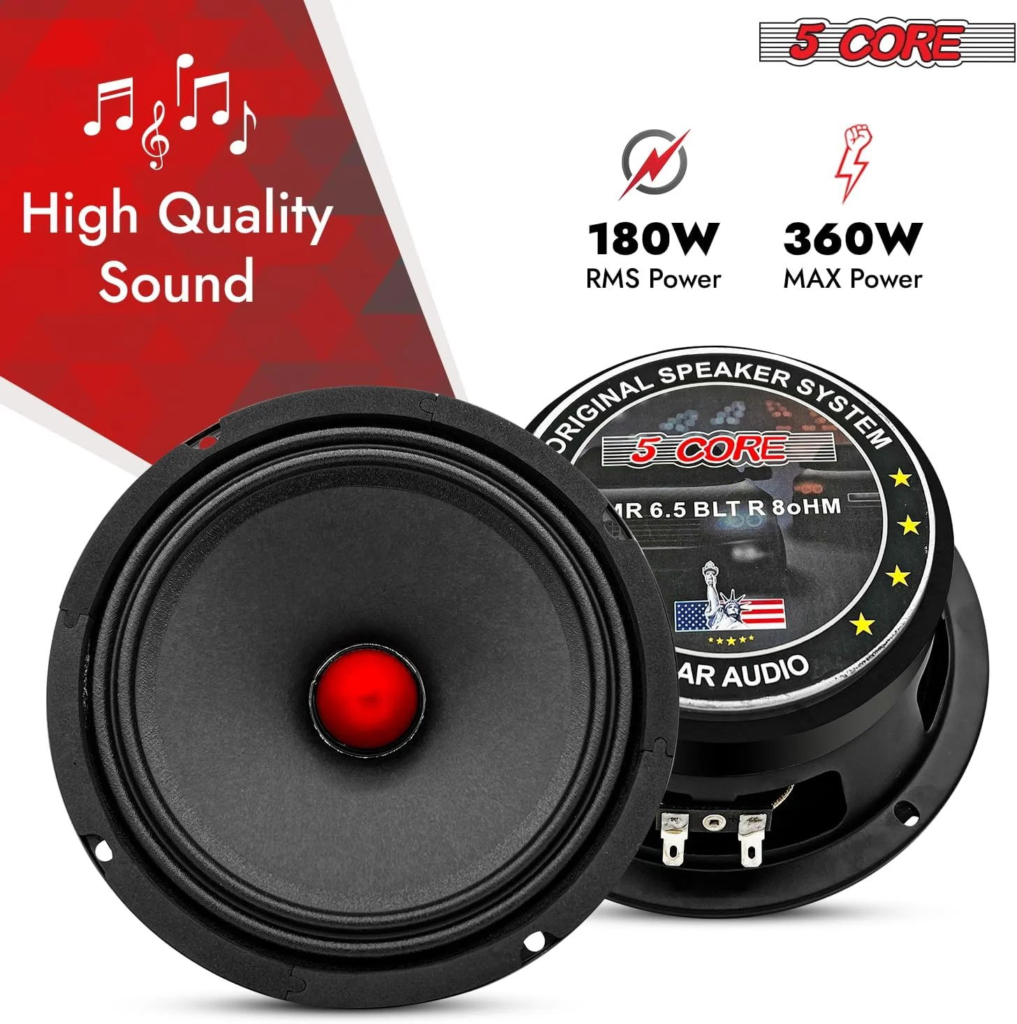 جفت بلندگوی ساب ووفر 6.5 اینچی 5 CORE 360W میدرنج PA DJ با بولت آلومینیومی قرمز 8 اهم، ساب ووفرهای جایگزین برای استفاده حرفه ای صوتی - MR 6.5 BLT R 8oHM 2PCS