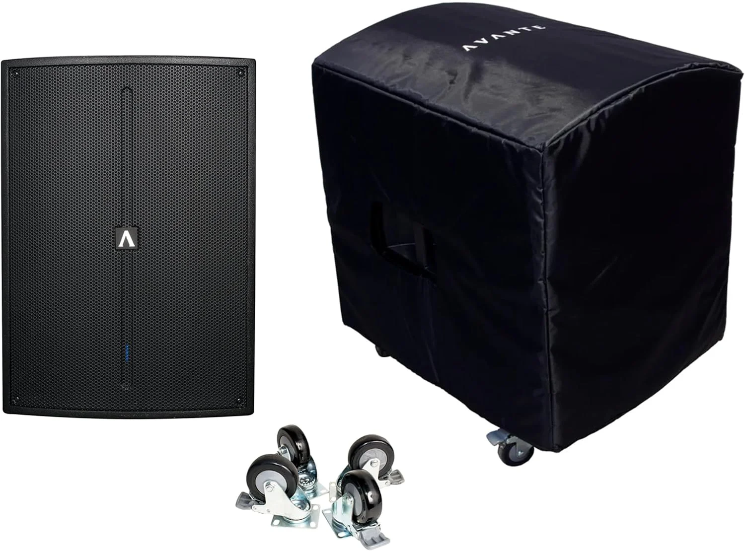 مجموعه صوتی Audiosavings: ساب ووفر اکتیو DJ PA مدل Avante Audio A18S 1600W 18 اینچی به همراه ست چرخ AVAC4 (4 عدد) و کاور A18SC با چرخ (3 قطعه)
