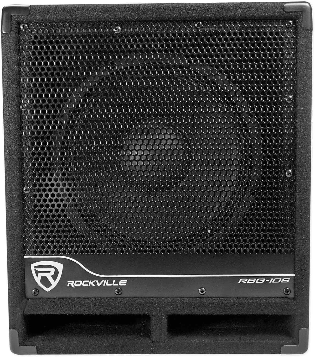 ساب ووفر اکتیو PA Rockville RBG10S، جمع و جور، 10 اینچ، 1200 وات، بیس عمیق، کراس اوور متغیر، لیمیتر داخلی، پایه نصب، ایده آل برای دی جی و مهمانی های خانگی