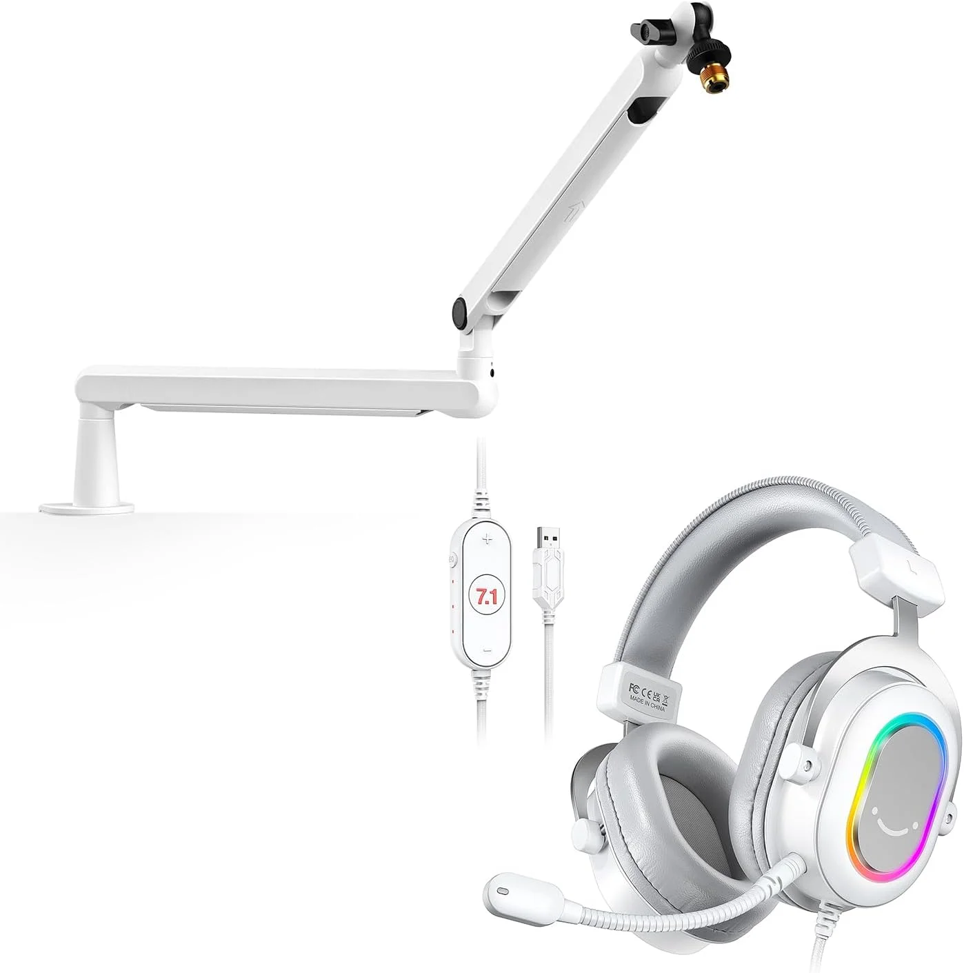 ست بازوی بوم میکروفون و هدست گیمینگ USB فایفاین، پایه فلزی مستحکم با طراحی کم حجم، مدیریت کابل، هدست RGB دور گوشی با صدای فراگیر 7.1، حذف نویز برای گیمرهای PS4/PS5 (BM88W+H6W)