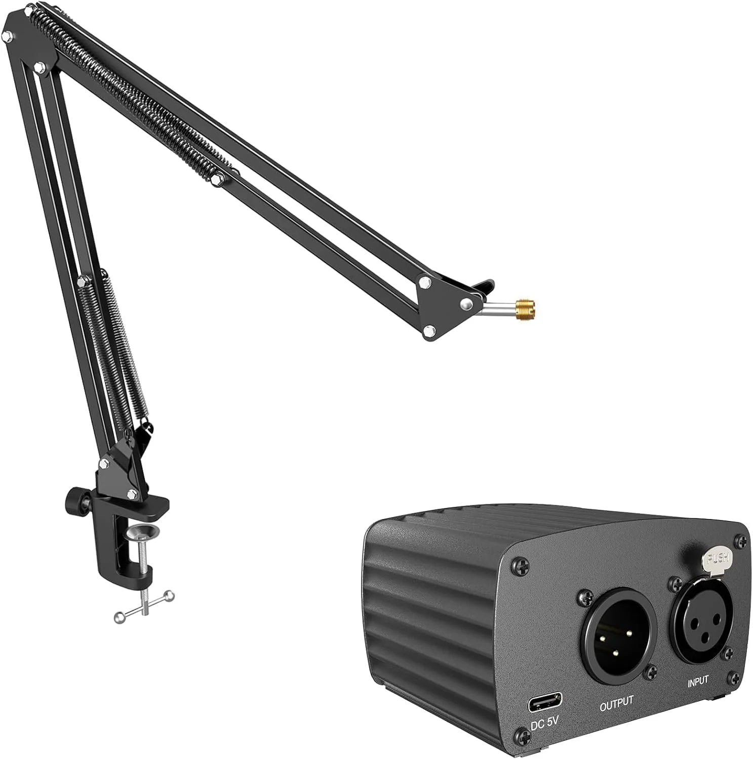 پایه بازوی میکروفون FIFINE به همراه منبع تغذیه فانتوم، سازگار با میکروفون کاندنسر برای ضبط صدا، پایه بوم میکروفون فلزی سنگین با گیره رومیزی، آداپتور 3/8 اینچ به 5/8 اینچ (CS1+PM48)