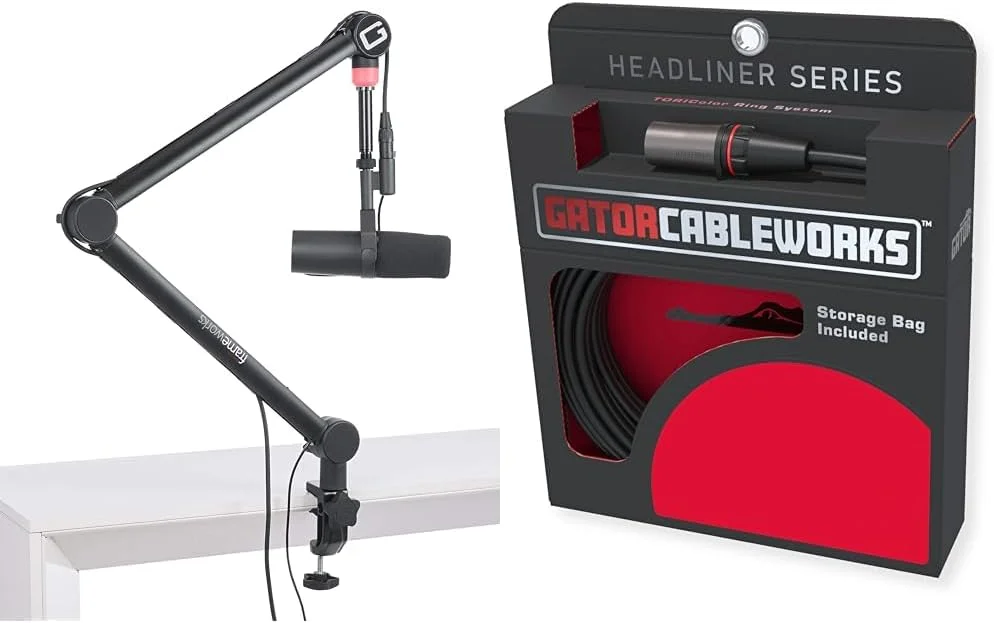 پایه میکروفون رومیزی حرفه ای Gator Frameworks برای پخش/پادکست به همراه چراغ نشانگر روشن بودن + کابل XLR ممتاز 3 متری Cableworks Headliner Series