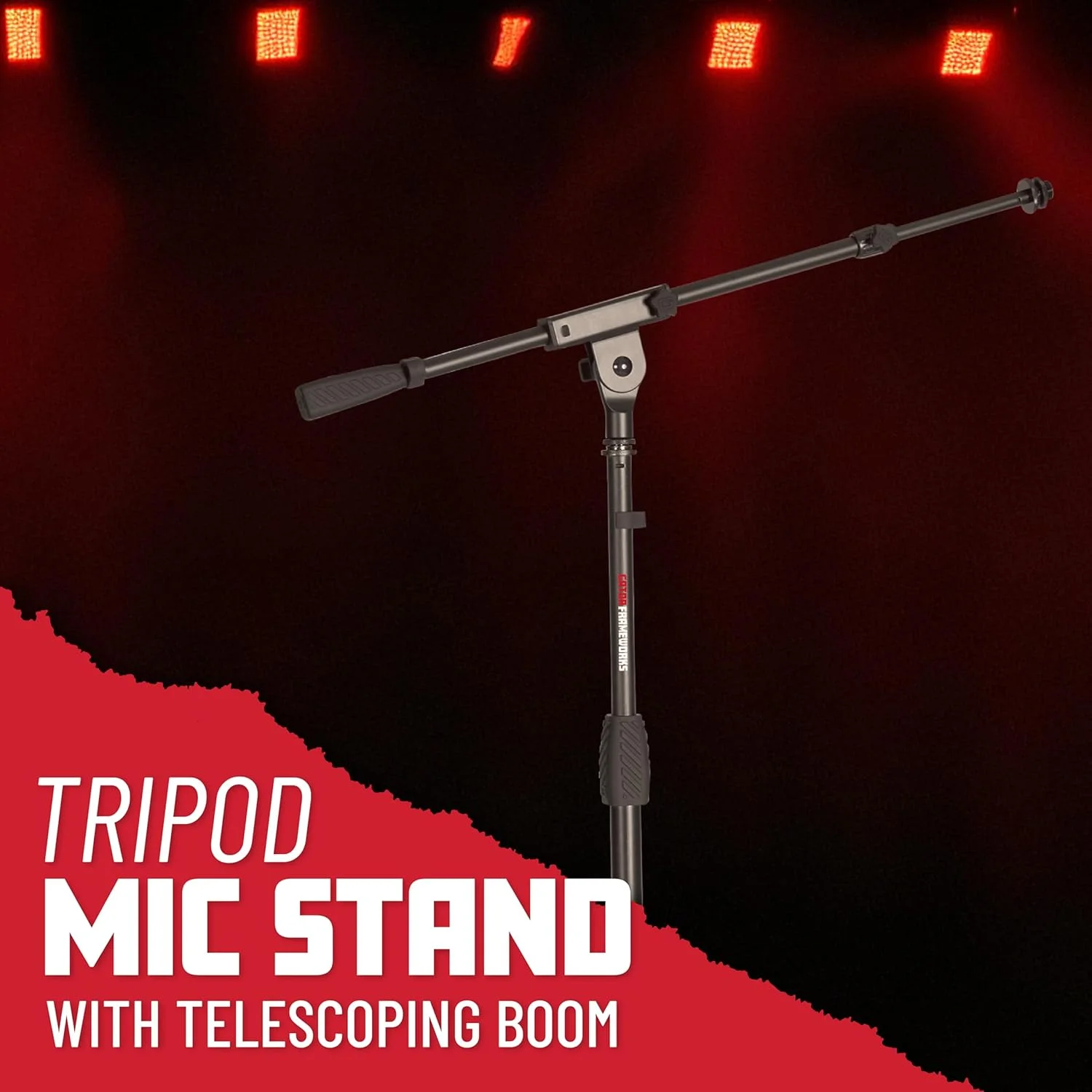 پایه میکروفون سه پایه Gator Frameworks با بازوی بوم و تنظیم ارتفاع کلاچ چرخشی با دستگیره نرم، شامل آداپتورهای 3/8 اینچ و 5/8 اینچ (GFW-MIC-2020)