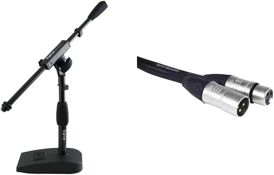 پایه میکروفون رومیزی با پایه سنگین کوتاه Gator Frameworks + کابل XLR ده فوتی Cableworks Backline Series