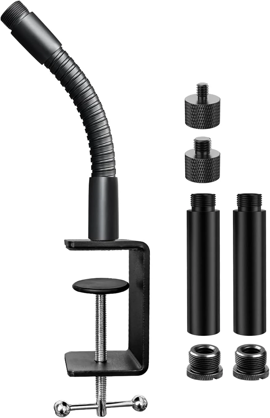 پایه گیره ای رومیزی میکروفون با دوام و بازوی انعطاف پذیر گردنی 6 اینچی به همراه آداپتورهای 5/8-27، 3/8-16 و 1/4-20 برای میکروفون، وب کم، دوربین و نگهدارنده تلفن