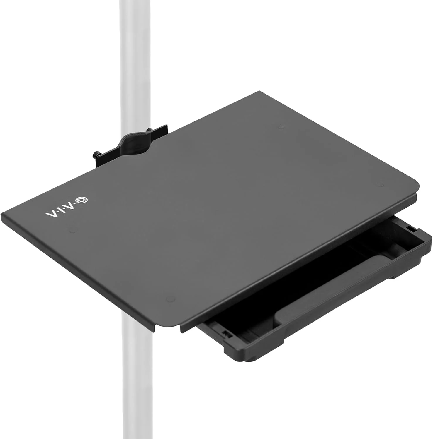 سینی فلزی 35x25 سانتی‌متری VIVO با کشو، قابل نصب روی میله برای پایه تلویزیون، پایه بلندگو و غیره، سکوی نگهدارنده کاربردی گیره‌ای، مشکی، MOUNT-SF13D