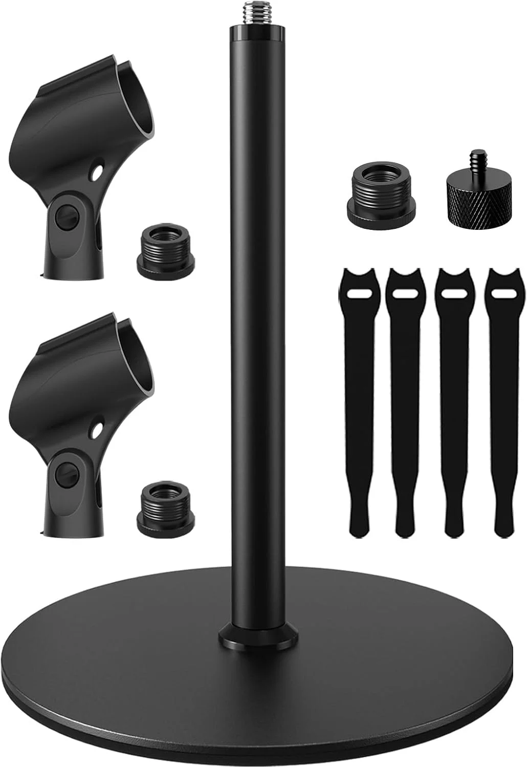 بسته 2 عددی گیره نگهدارنده میکروفون یونیورسال + پایه میکروفون رومیزی با آداپتورهای پیچی 5/8 و 1/4 اینچ و بست های کابل