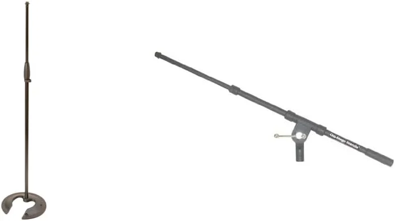 پایه میکروفون قابل انباشت On-Stage MS7325 و بازوی تلسکوپی میکروفون OnStage MSA7040TB با نصب از بالا، مشکی