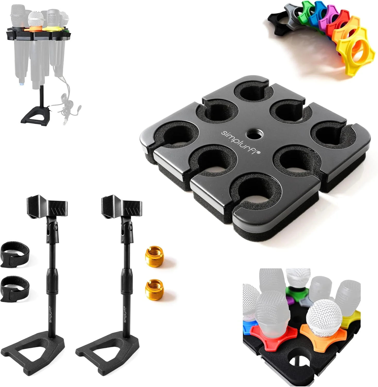 نگهدارنده چند میکروفون برای پایه میکروفون - نگهدارنده تا 8 میکروفون - شامل 8 حلقه ضد غلتش به همراه 2 عدد پایه میکروفون رومیزی و گیره میکروفون