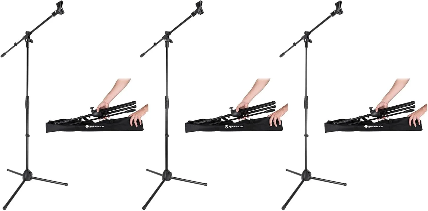 بسته صوتی حرفه ای Rockville شامل (3) پایه میکروفون RVMIC50 با ارتفاع قابل تنظیم، بازوی بوم برای موقعیت دقیق، لوله های فولادی برای ثبات، ساخت سبک وزن با کیف حمل برای حمل آسان (3 قطعه)
