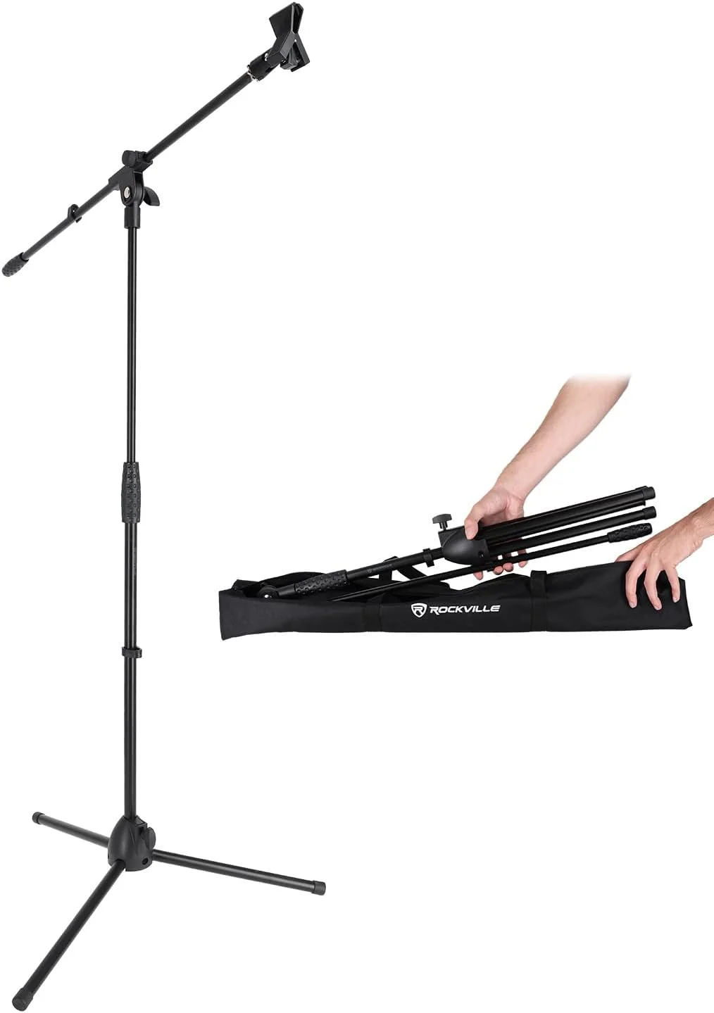 بسته صوتی حرفه ای Rockville شامل (3) پایه میکروفون RVMIC50 با ارتفاع قابل تنظیم، بازوی بوم برای موقعیت دقیق، لوله های فولادی برای ثبات، ساخت سبک وزن با کیف حمل برای حمل آسان (3 قطعه)