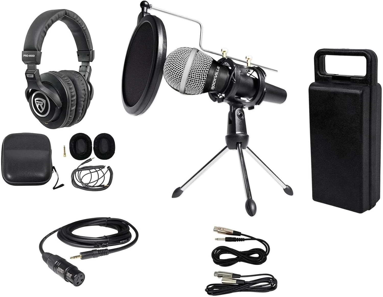 بسته پادکست Rockville: هدفون استودیویی PRO-M50 با کابل فنری جداشدنی، میکروفون فلزی با کیفیت RMC-XLR، پایه سه پایه RTMS21، کابل 10 فوتی RXLR-AUX 100% مس، 4 قلم بسته پادکست Rockville: هدفون استودیویی PRO-M50 با کابل فنری جداشدنی، میکروفون فلزی با کیفیت RMC-XLR، پایه سه پایه RTMS21، کابل 10 فوتی RXLR-AUX 100% مس، 4 قلم