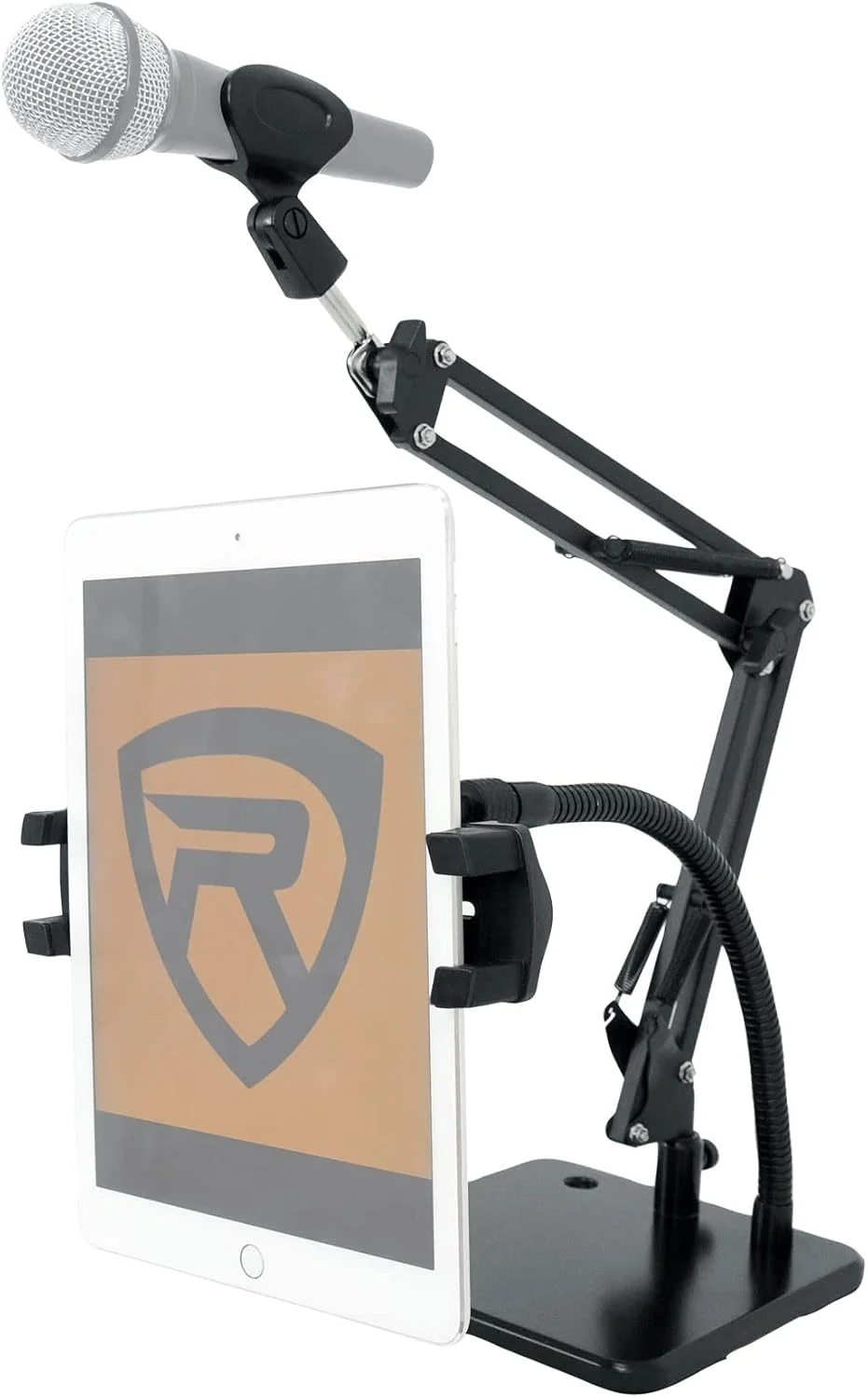 پایه رومیزی دوگانه Rockville iSTAND 85 به همراه گردن غازی، پایه سنگین، گیره میکروفون قابل تنظیم، نگهدارنده تلفن/تبلت، ایده آل برای استودیو و پادکست