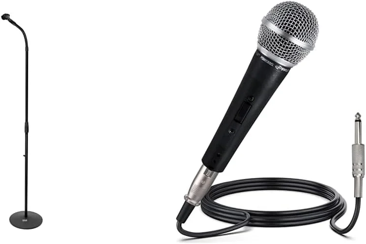 پایه میکروفون Pyle با قابلیت تنظیم ارتفاع 80 تا 152 سانتی متر به همراه گردنی منعطف و نگهدارنده چرخشی مدل M-6 و میکروفون داینامیک کاردیوئید دستی به همراه کابل XLR 4.5 متری