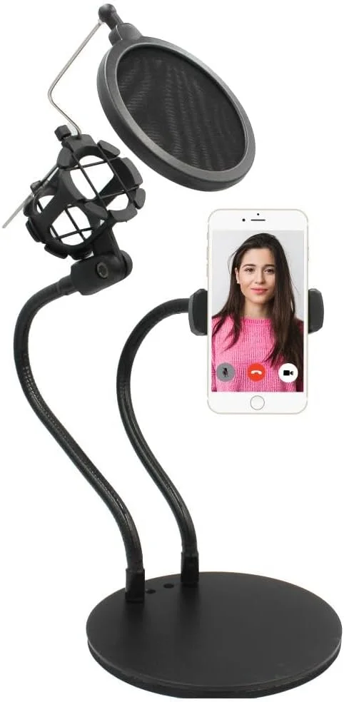 پایه نگهدارنده گوشی گردن غازی 2 در 1 با پایه ضد لرزش میکروفون و پاپ فیلتر میکروفون، بازوی انعطاف پذیر میکروفون - ایده آل برای پخش زنده، رسانه های اجتماعی، ضبط استودیویی و بازی
