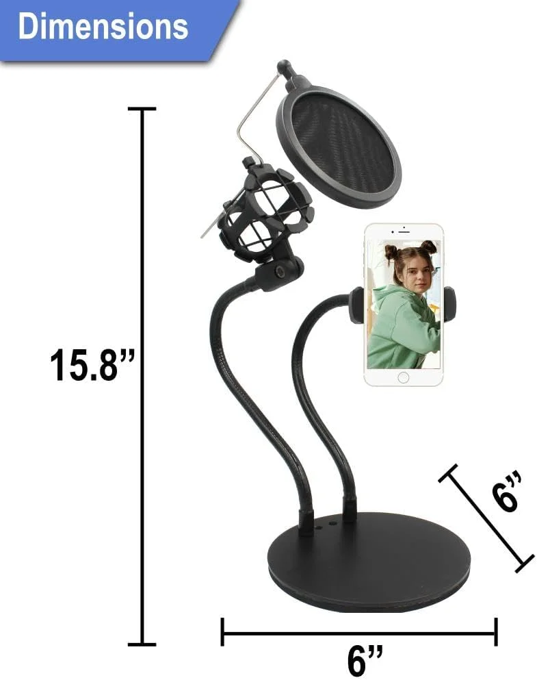 پایه نگهدارنده گوشی گردن غازی 2 در 1 با پایه ضد لرزش میکروفون و پاپ فیلتر میکروفون، بازوی انعطاف پذیر میکروفون - ایده آل برای پخش زنده، رسانه های اجتماعی، ضبط استودیویی و بازی