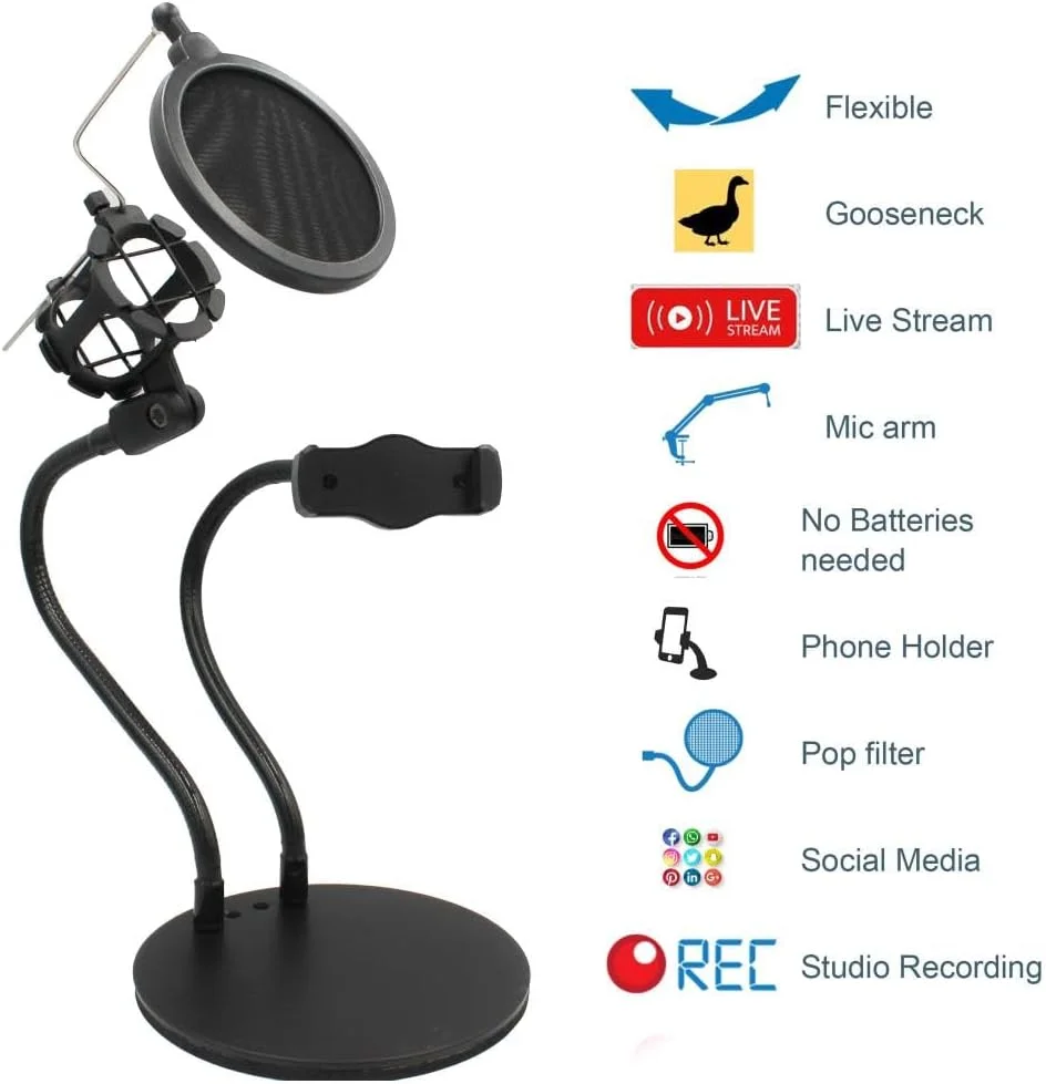 پایه نگهدارنده گوشی گردن غازی 2 در 1 با پایه ضد لرزش میکروفون و پاپ فیلتر میکروفون، بازوی انعطاف پذیر میکروفون - ایده آل برای پخش زنده، رسانه های اجتماعی، ضبط استودیویی و بازی