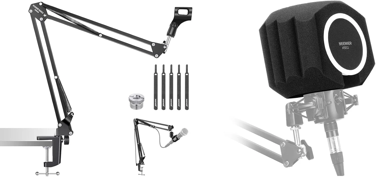 پایه بازویی میکروفون NEEWER MS006 + شیلد عایق توپ صوتی MS011، پایه رومیزی قیچی تعلیق سازگار با میکروفون های مختلف، حداکثر وزن قابل تحمل 1.5 کیلوگرم
