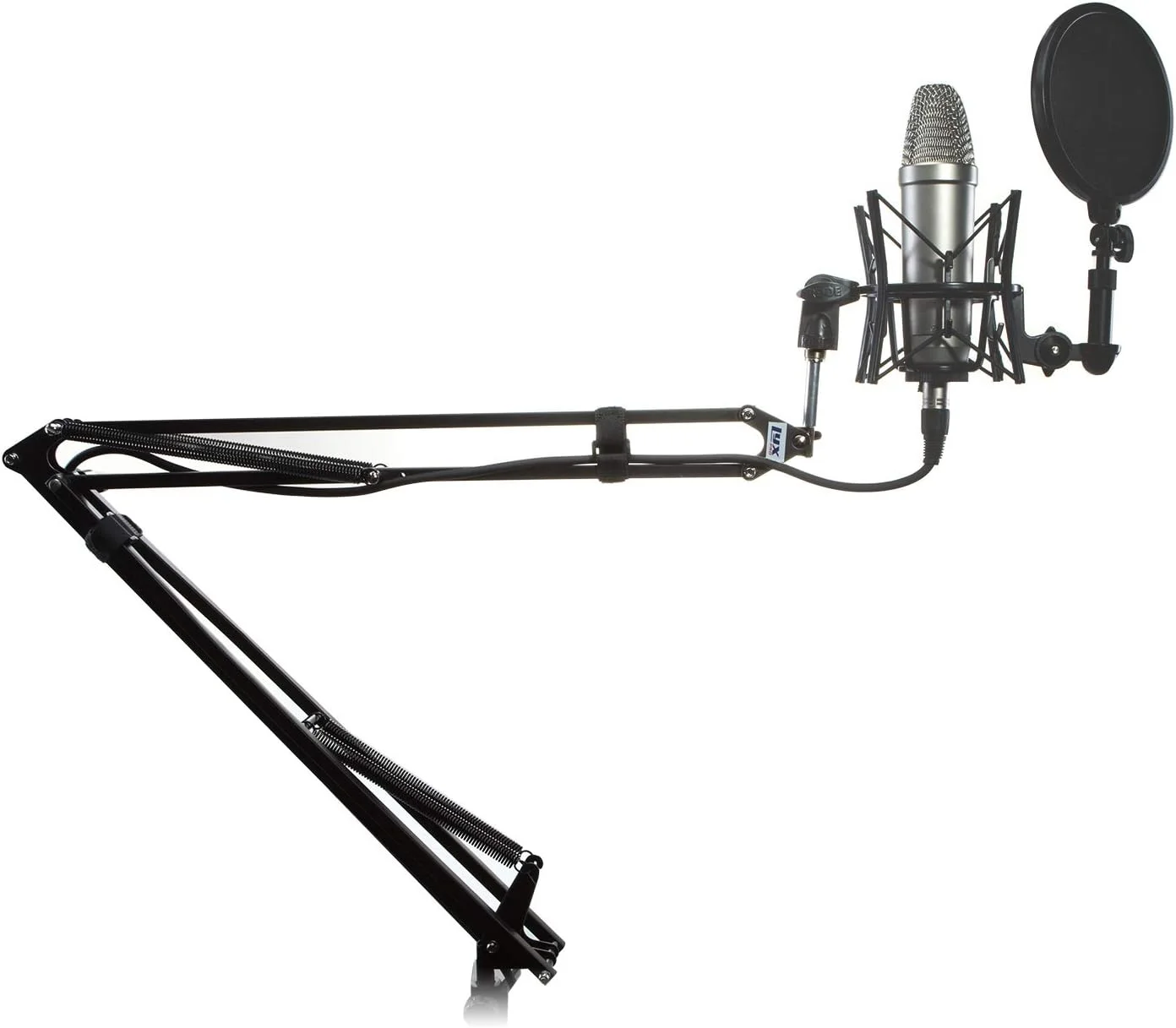 پایه بازویی میکروفون LyxPro با قابلیت تنظیم، به همراه میکروفون کاندنسر ضبط صدا، لرزه‌گیر عنکبوتی، کابل XLR 3 متری و پاپ فیلتر دو لایه