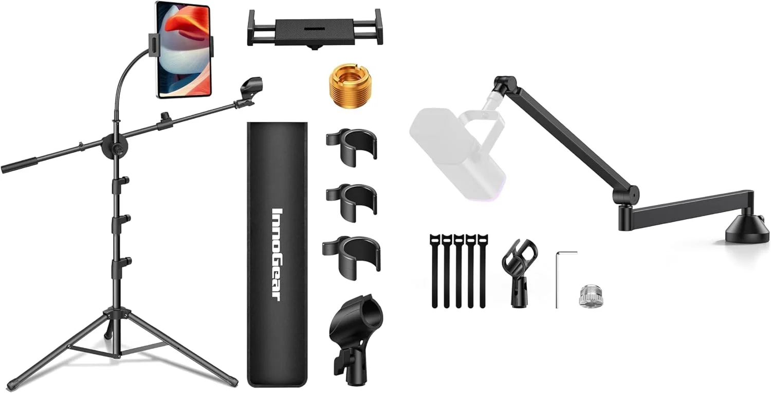 پایه میکروفون InnoGear، پایه میکروفون زمینی 6 در 1 با نگهدارنده تبلت و تلفن و بازوی میکروفون چرخشی 360 درجه با نمای کم برای Fifine AM8 K669B Blue Yeti HyperX QuadCast SoloCast AT2020