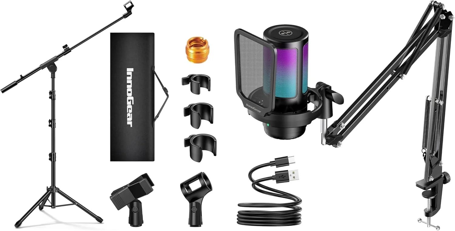 مجموعه پایه میکروفون InnoGear، پایه میکروفون سه پایه با بازوی بوم و مجموعه میکروفون کندانسور حذف نویز هوش مصنوعی با پایه بازویی برای اجرای آواز، استیج عروسی