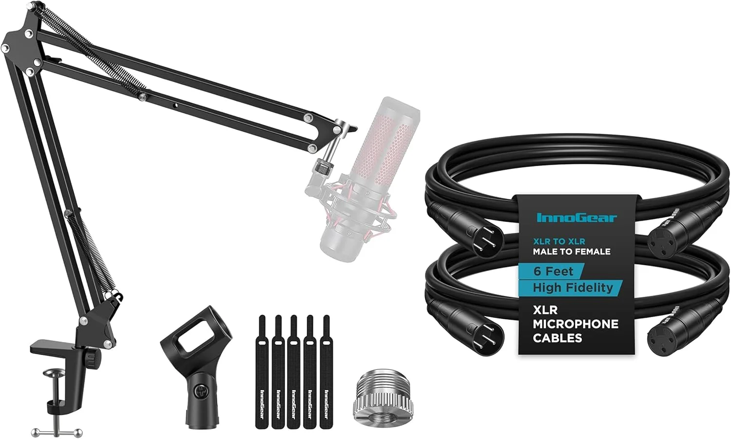 پایه میکروفون بازویی InnoGear به همراه 2 عدد کابل XLR میکروفون 1.8 متری نر به ماده 3 پین متعادل برای میکروفون، کابل برای اسپیکر، پادکست، میکسر صدا