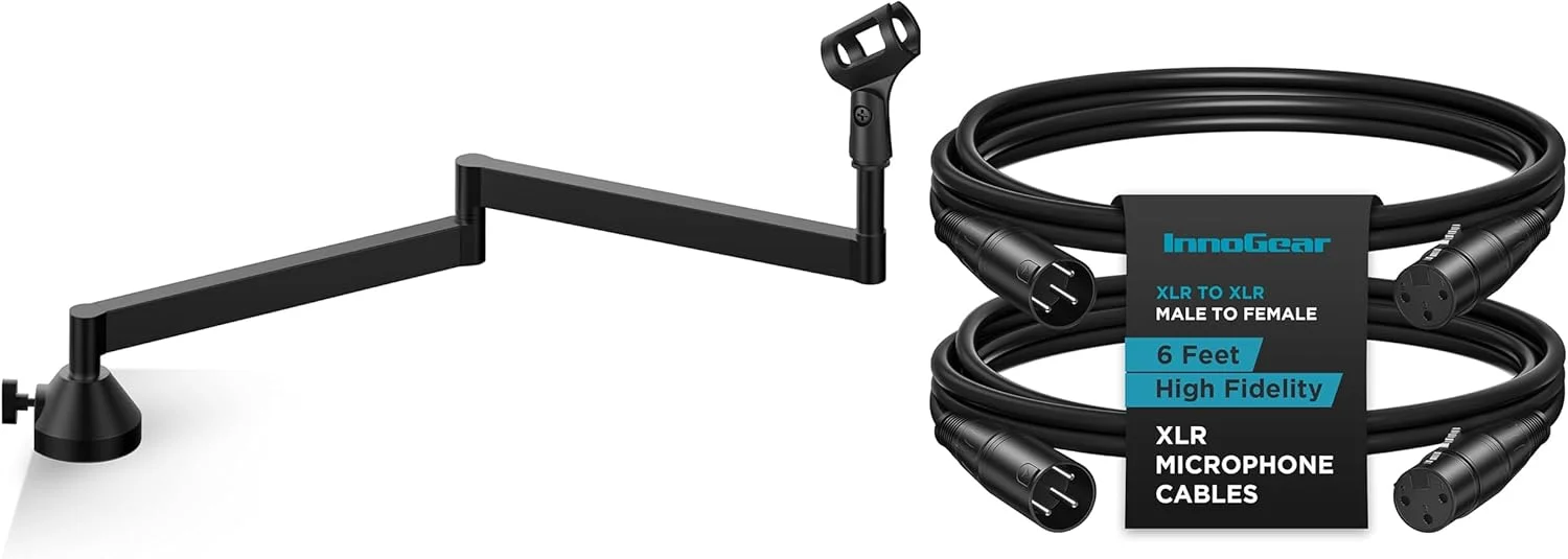پایه بازوی میکروفون کم ارتفاع InnoGear و 2 عدد کابل XLR نر به ماده 1.8 متری برای افکتور، پاور فانتوم، DMX LED، آمپلی فایر، کارت صدا، بلندگو، میکروفون، میکسر صدا، ضبط کننده صدای DSLR