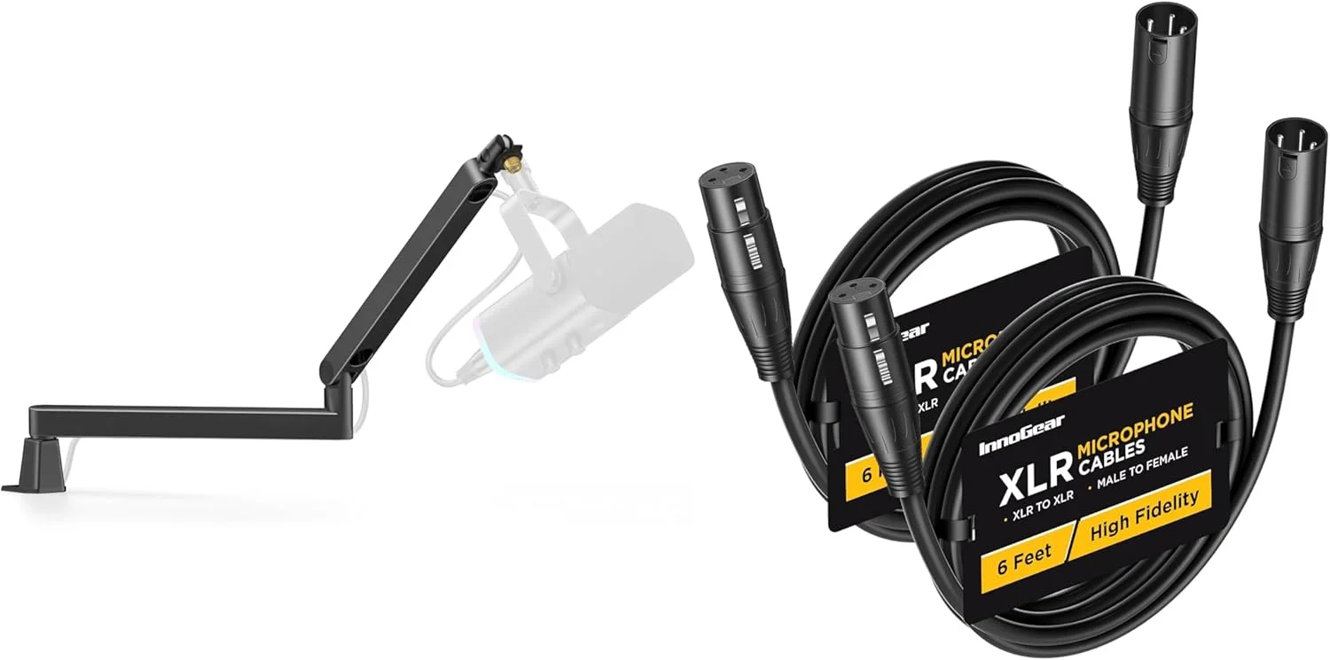 پایه میکروفون کم ارتفاع InnoGear با مدیریت کابل مغناطیسی و کابل های میکروفون XLR 6 فوتی، بسته 2 عددی، مس بدون اکسیژن نر به ماده 3 پین متعادل کابل میکروفون XLR برای بلندگو پادکست