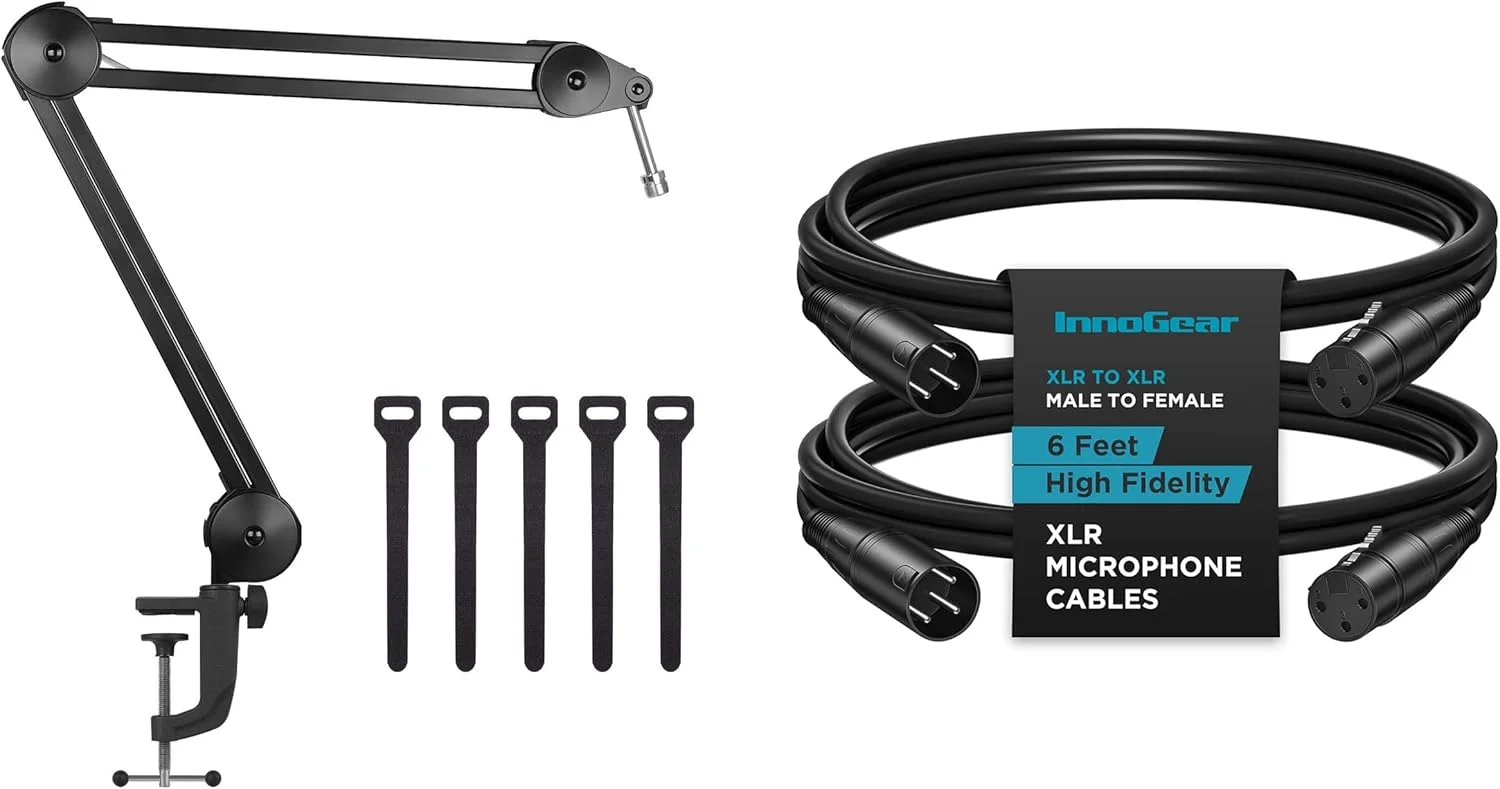 پایه بازویی مقاوم InnoGear و 2 عدد کابل XLR میکروفون نر به ماده 1.8 متری برای افکتور، پاور فانتوم، DMX LED، آمپلی فایر، کارت صدا، بلندگو، میکروفون، میکسر صدا، ضبط کننده صدای DSLR