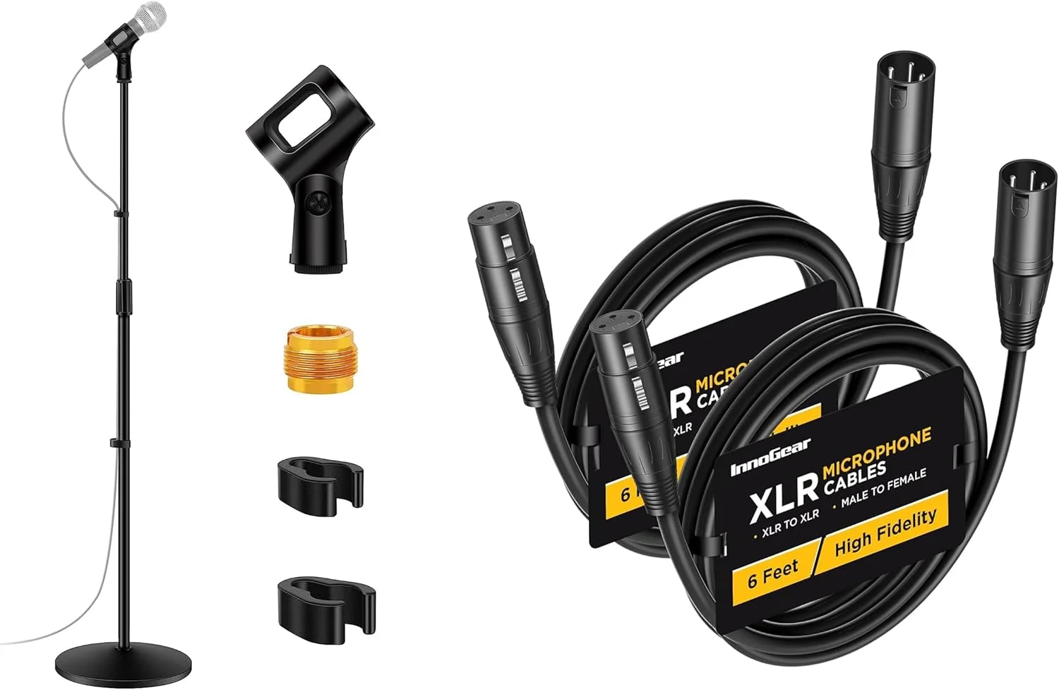 پایه میکروفون جداشدنی InnoGear به همراه 2 عدد کابل XLR میکروفون نر به ماده 1.8 متری برای افکتور، پاور فانتوم، DMX LED، آمپلی فایر، کارت صدا، بلندگو، میکروفون، میکسر صدا، ضبط کننده صدا DSLR
