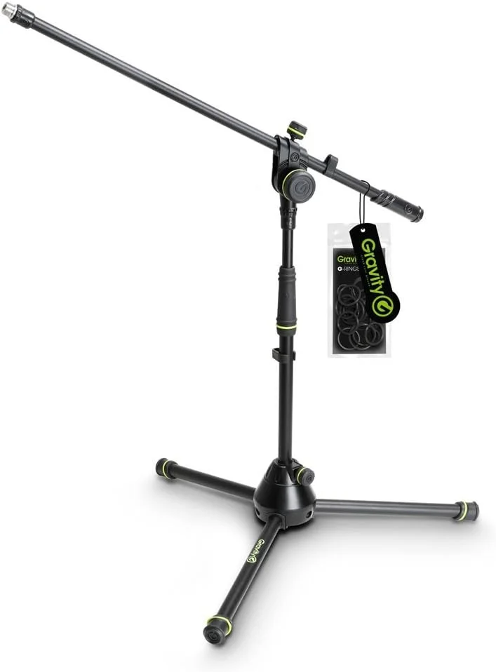 پایه میکروفون کوتاه GRAVITY STANDS با پایه سه پایه تاشو و بوم قابل تنظیم 2 نقطه ای، مشکی (MS 4221 B)