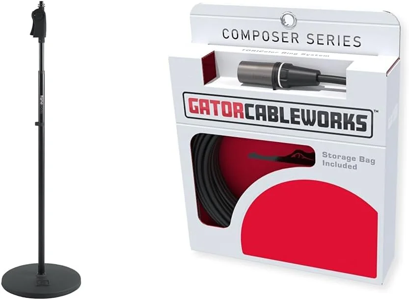 پایه میکروفون Gator Frameworks با پایه سنگین 12 اینچی و تنظیم ارتفاع عالی + کابل XLR سری Cableworks Composer به طول 20 فوت