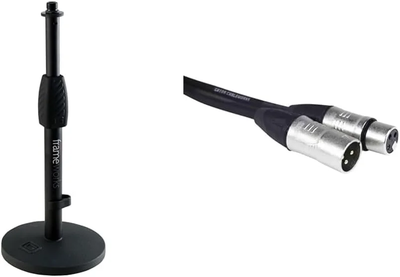 پایه میکروفون رومیزی دلوکس Gator Frameworks با ارتفاع قابل تنظیم + کابل XLR سری Cableworks Backline به طول 5 فوت