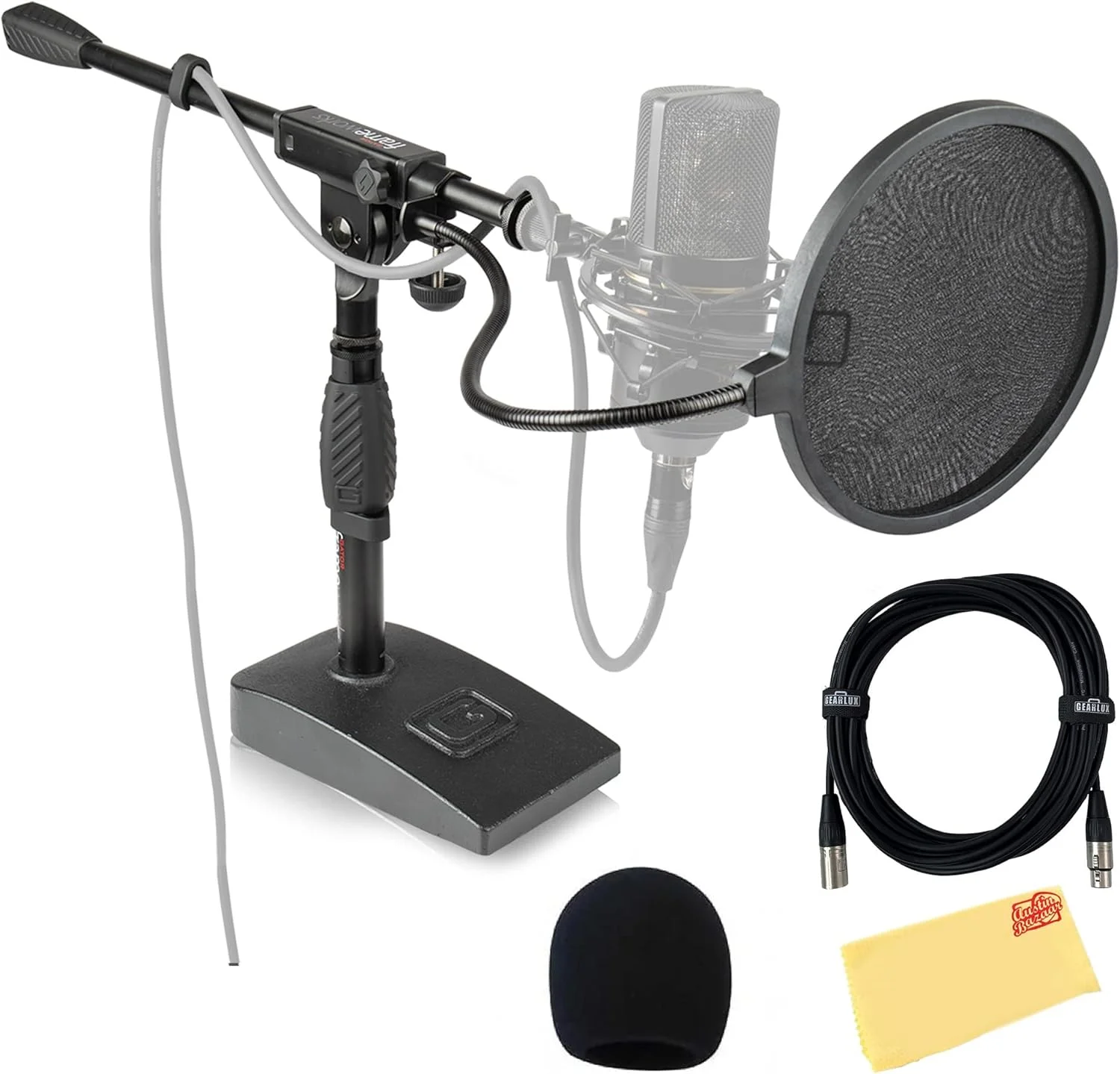 پایه میکروفون درام باس و آمپلی‌فایر Gator Frameworks GFW-MIC-0821 با بوم تک قسمتی و پایه وزن‌دار به همراه بادگیر، کابل XLR و پارچه پولیش Austin Bazaar